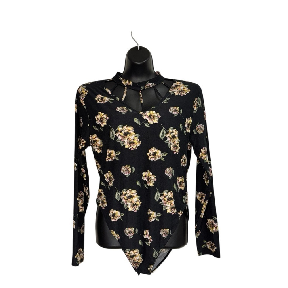 No Boundaries Women's Junior XL Bodysuit Long Sleeves Lattice Collar Floral